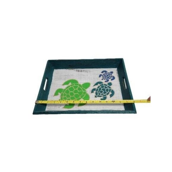 Sea Turtle Wood Tray Hand Painted Turtles Hand Carved Green Blue Serving Tray - Picture 4 of 10